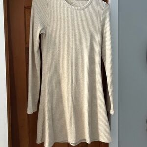 Cream Ribbed Long Sleeve Dress